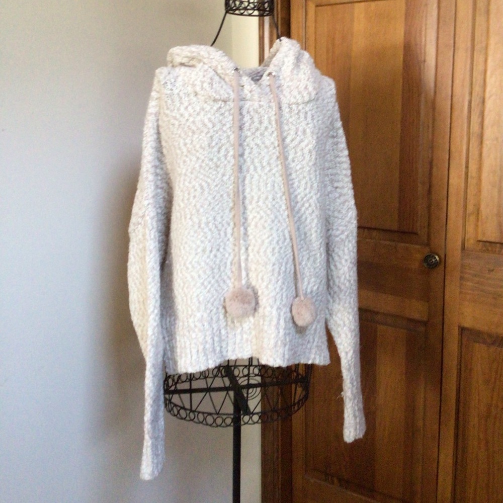 YET AGAIN Hooded Popcorn Knit white/tan Sweater Cropped w/Pompom Ties, XL - Picture 1 of 6